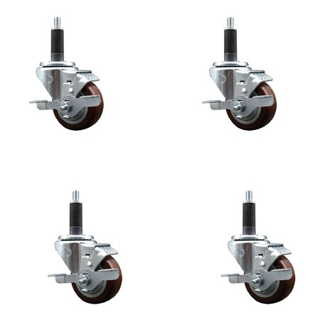 Service Caster 3'' SS Maroon Poly Swivel 1'' Expanding Stem Caster Set with Brake, 4PK SCC-SSEX20S314-PPUB-MRN-TLB-1-4